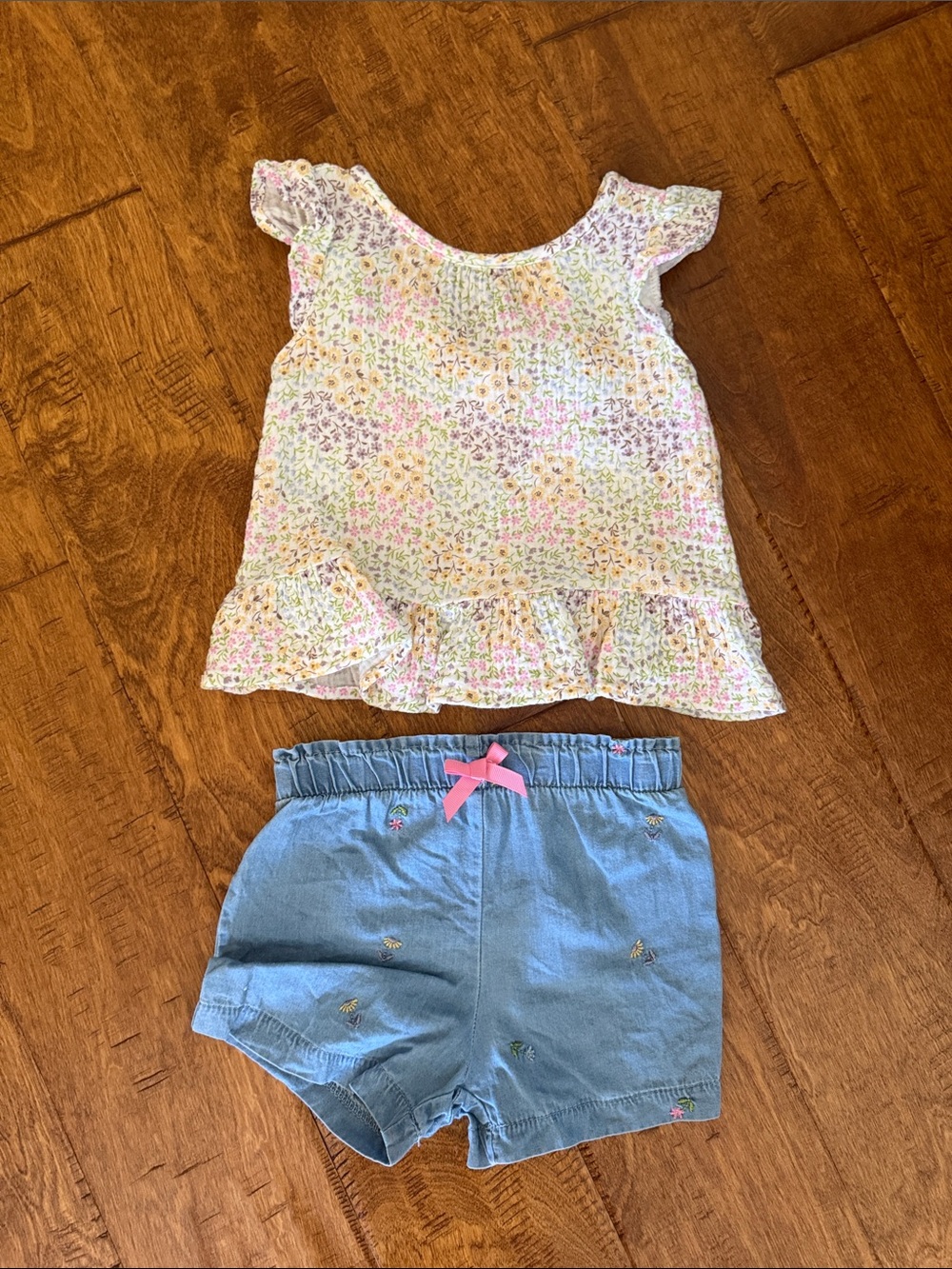 Kensie Pink Floral Ruffle Top with Light Blue Denim Shorts Set